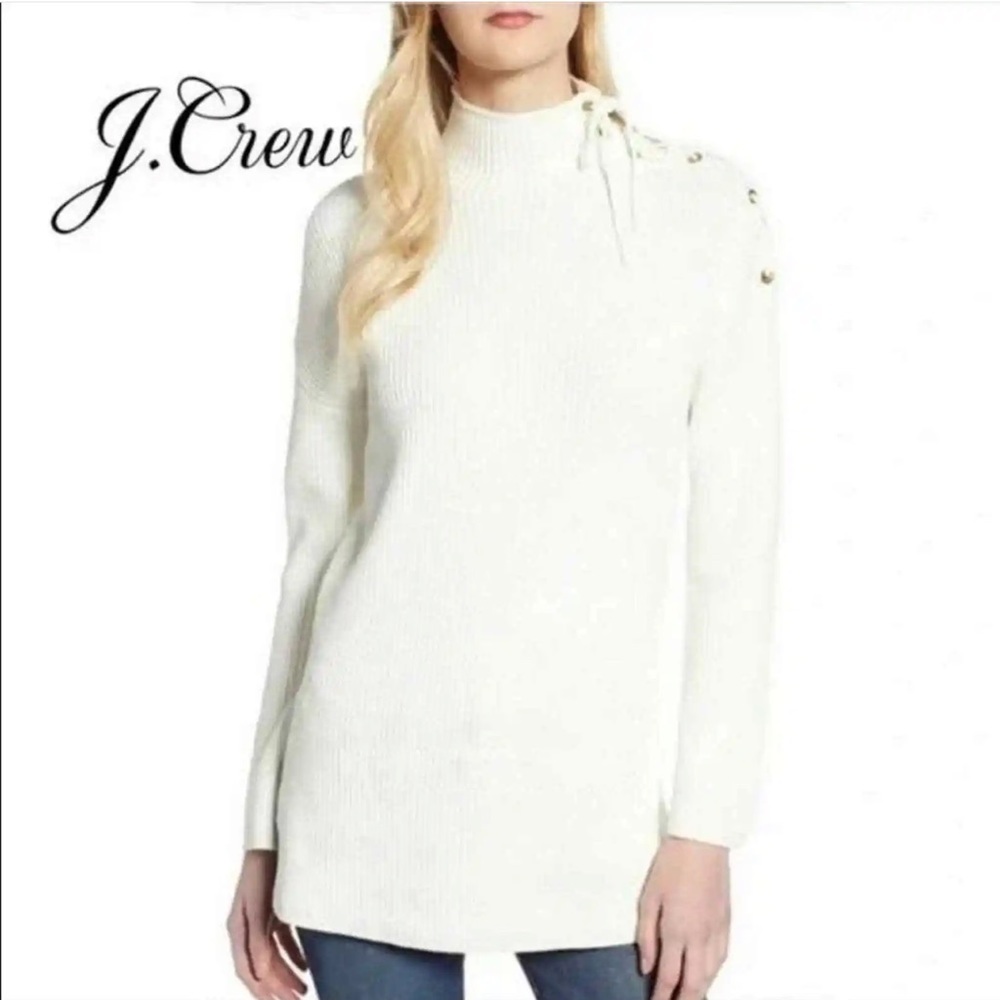EUC Women’s XS J Crew Ribbed cowl turtle neck cream lace up shoulder sweater